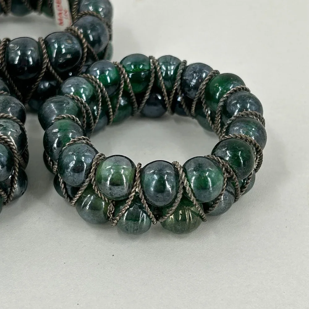 Vintage Beaded Napkin Rings Set of 5 Green Glass Silver Wire Boho Made in India